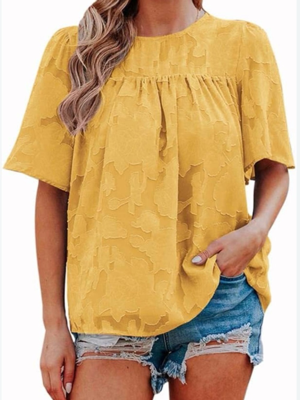 Bell Sleeve Lace Floral Textured Babydoll Blouse EUC Size Medium
